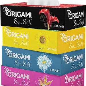 Origami 2 Ply Facial Tissue Box | Car Tissue - Pack of 4 (100 Pulls Per Box, 400 Sheets (800 sheets)