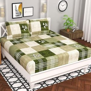 BSB HOME Microfiber 144 TC Aspire 2.O Collections Soft Breathable Wrinklefree Texture Floral Cheks Printed Double Bedsheets with 2 Regular Size Pillow Covers, Color Light Green...