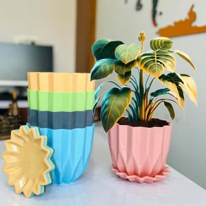 Eightiz Crystal Look Plastic Flower Pots with Tray for Home & Decoration Planters, Terrace, Garden Plant Container Set (Pack of 5, Plastic)