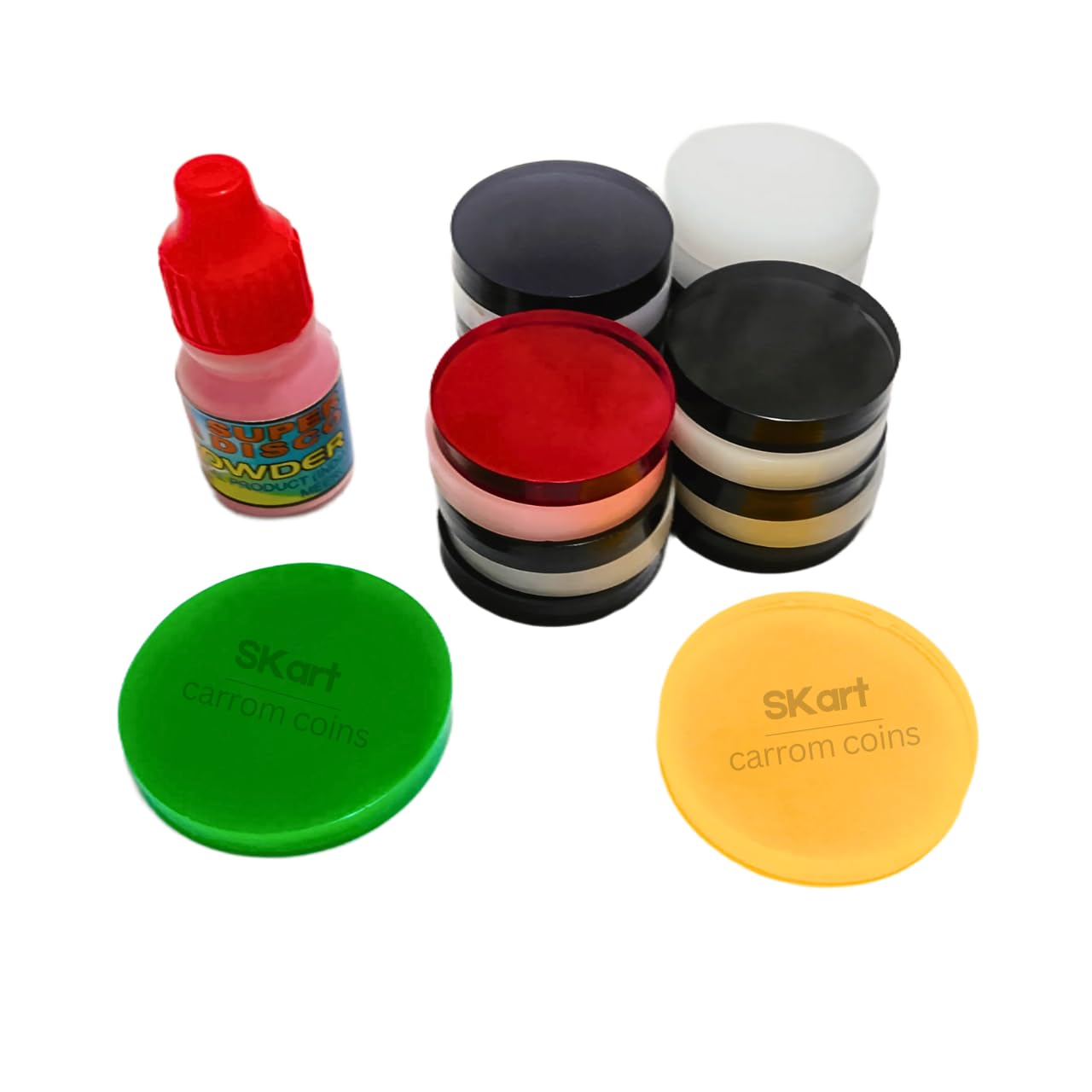 Skart - 5mm Professional Carrom Board Coins, 21 Coins with 2 Acrylic Carrom Striker and 1 Carrom Powder, A Complete Carrom Coins Set with Plastic Container