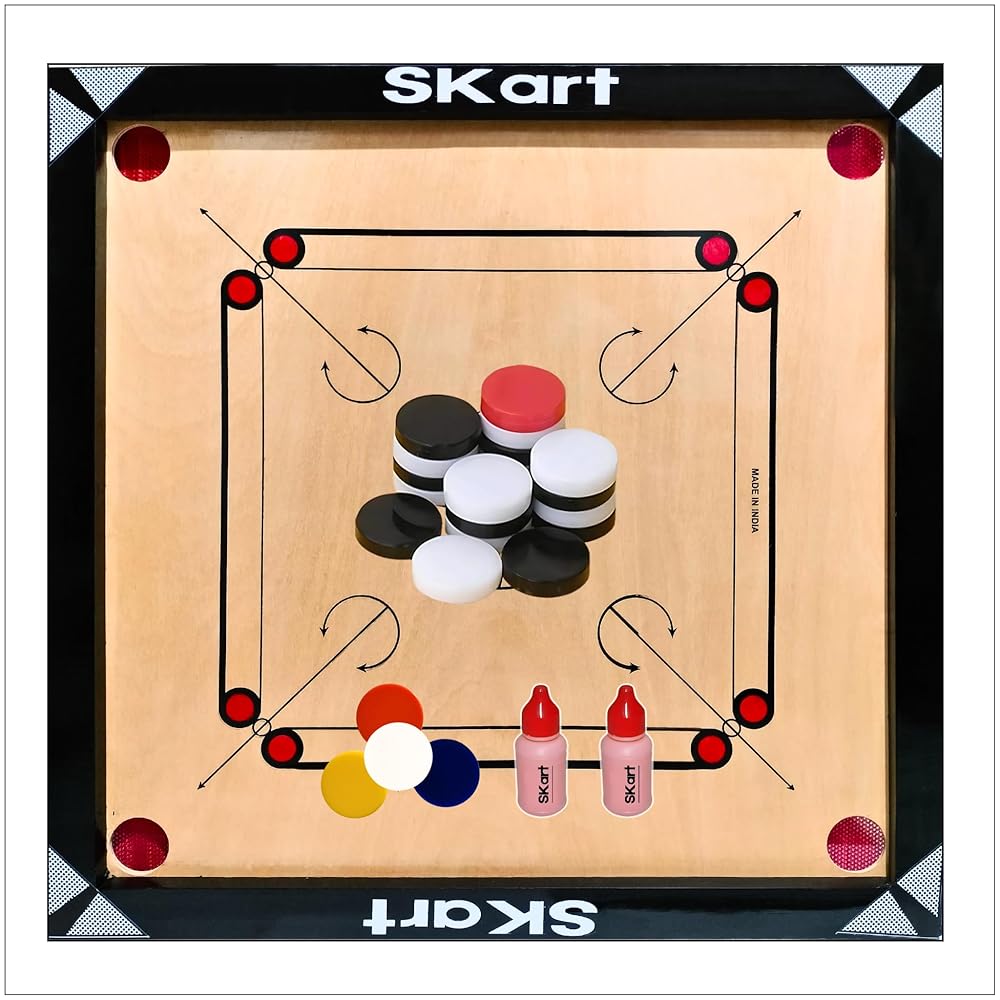 Skart Carrom Board Medium Size (26x26 Inch) with Acrylic Coins, Wooden Coins, 4 Strikers, 2 Powder, Ludo & Snakes Ladder with 2 Goti Sets – for Kids