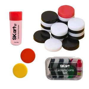 Skart - Carrom Coins 4mm 21 Coins with 2 Acrylic Carrom Striker and 1 Carrom Powder, Complete Carrom Coins Set with Striker in Pastic Container.